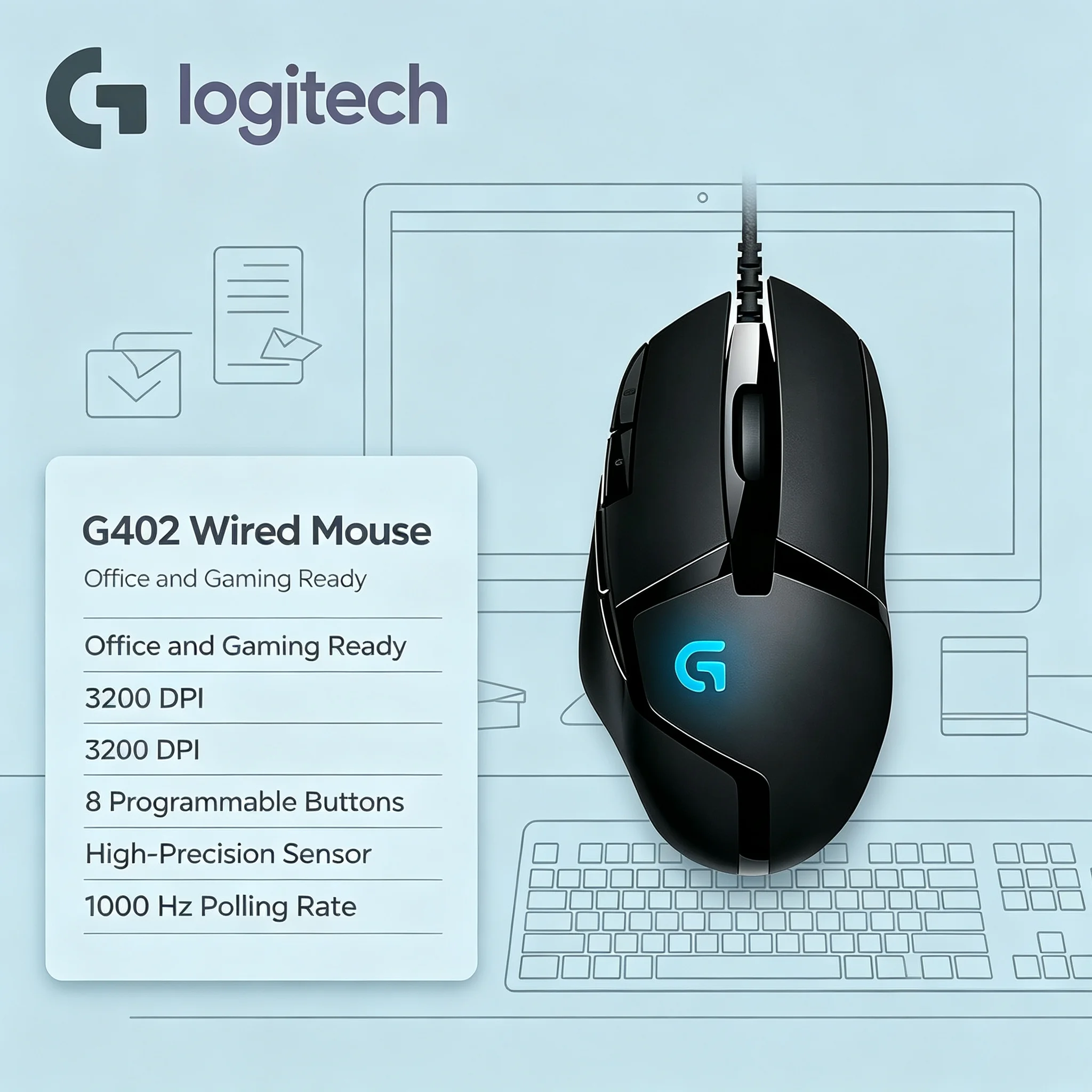 Logitech G402 Wired Gaming Mouse High‑Accuracy Optical Tracking RGB Effect For CS 2 Valorant LOL FPS MOBA Gamer Desktop Notebook