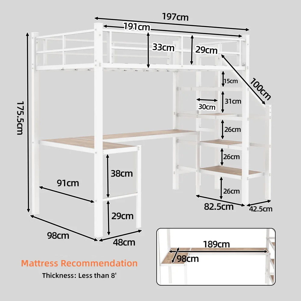 90x190cm Hohes Hochbettgestell mit L-förmigem Schreibtisch, platzsparendes Einzel-Hochbett mit Treppe, durchgehenden Sicherheitsgeländern, geräumigen Ablageflächen und Staufächern, stabiles Hochbett für Schlafzimmer, Teenager- und Erwachsenen-Schlafzimmermöbel – Detail 19