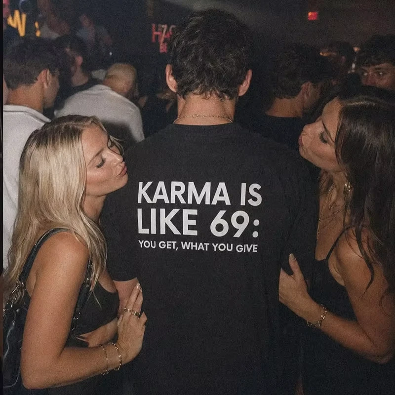 Vintage American Party Vibe Karma Slogan Back Print Casual T Shirt Unisex Loose Oversized Casual Streetwear Cotton Graphic Tee