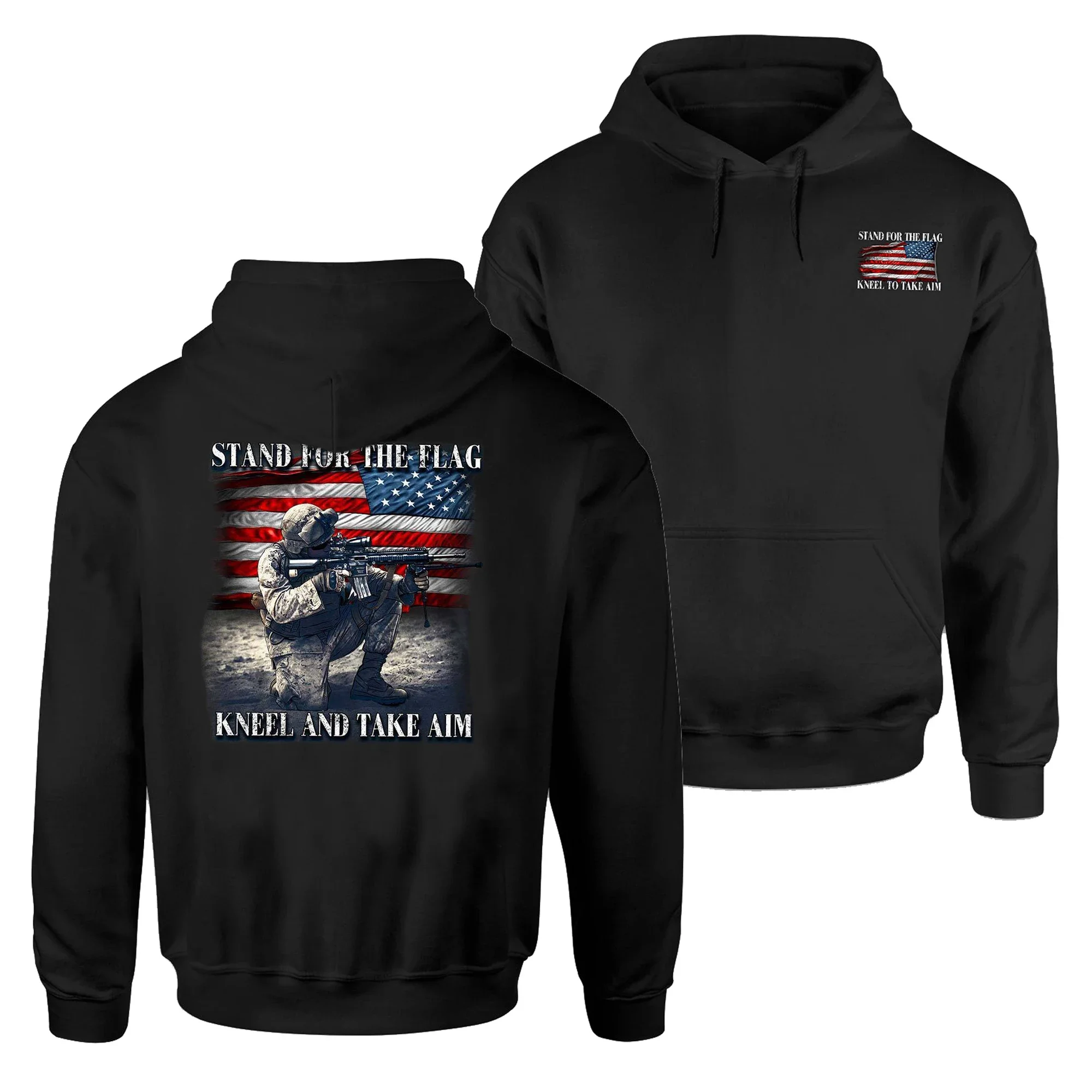 Stand for The Flag Kneel and Take Aim | US Army Patriotic Military Pullover Hoodie Comfortable Cotton Casual Mens Sweatshirt