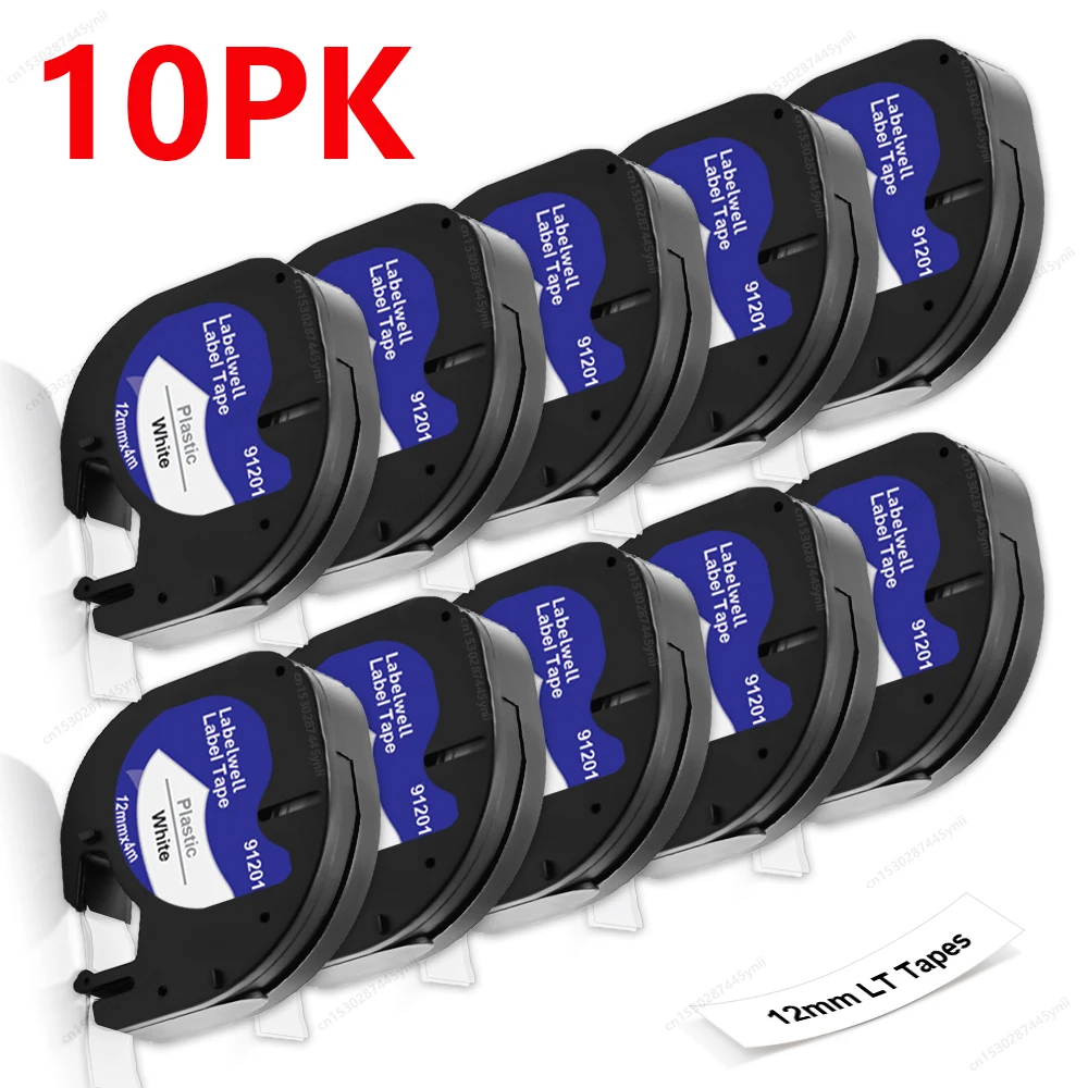 

2PK/10PK 91201 Compatible for Dymo 91201 12mm Plastic LetraTag Label Maker Tape Black on White for Dymo LT100H XR Label Printer