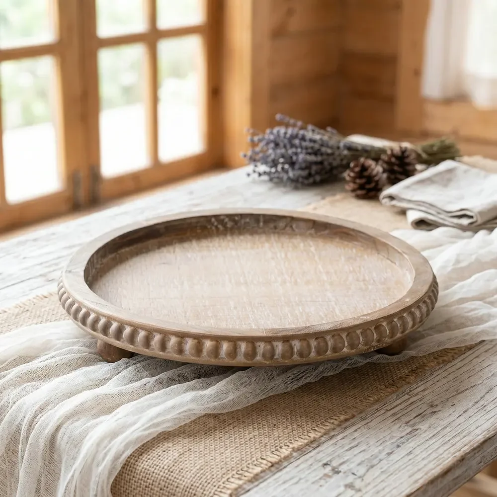 French Vintage Style Wooden Bead Tray,Rustic Tea Tray, Coffee Shop Display Platter, Round Storage Plate, Home Cafe Decor