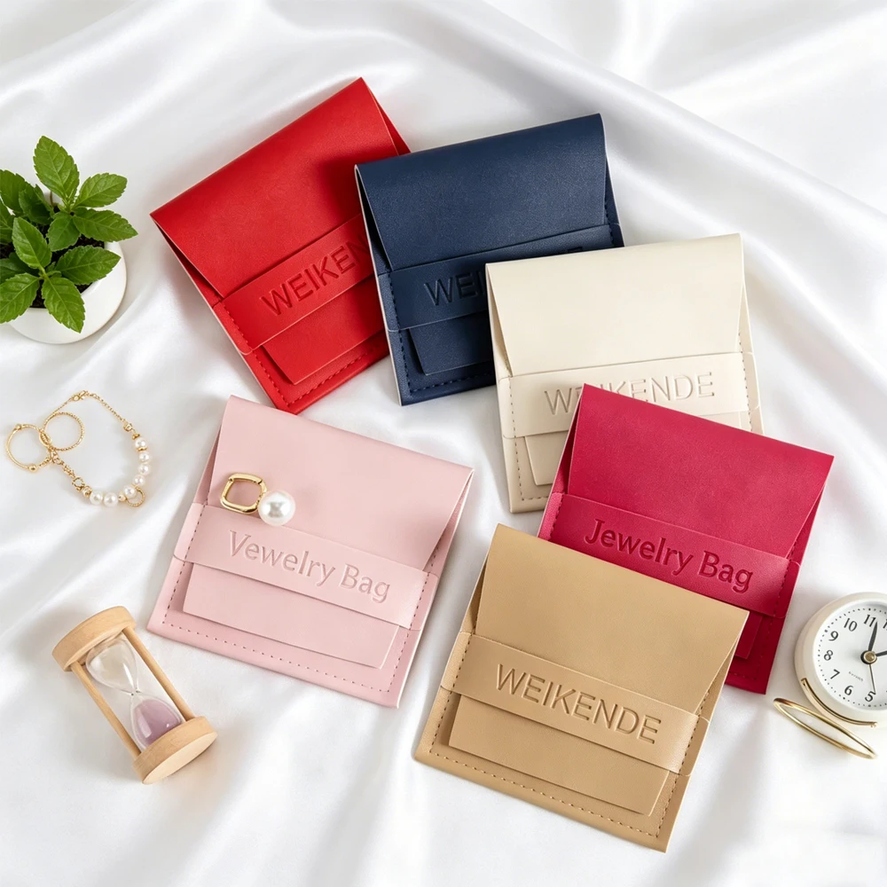 

100Pcs Custom Logo Jewelry Packaging Pouch 9x9cm PU Leather Small Gift Bags Necklace Earring Organizer Wedding Favor Candy Bag