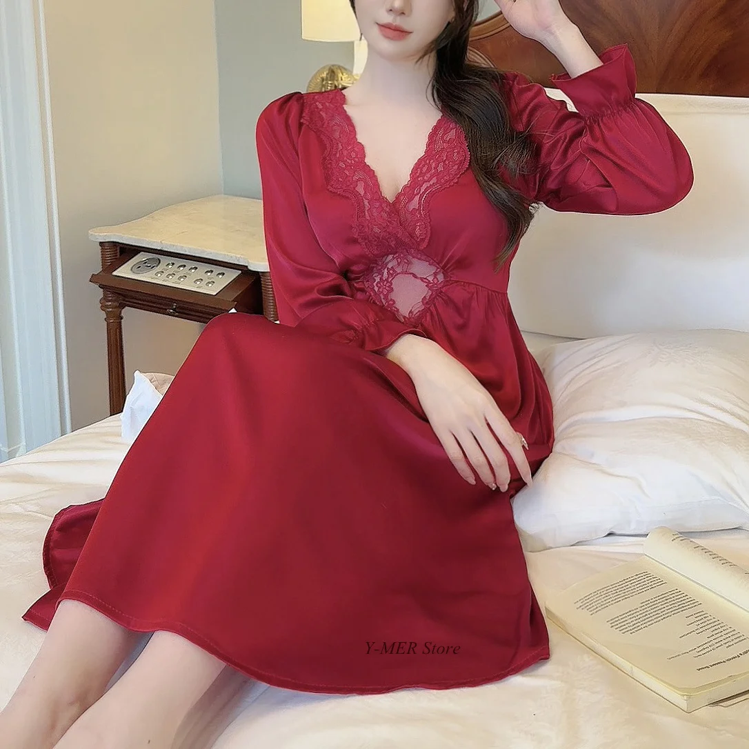 2024 Spring New Nightgown Grace Burgundy Sleepshirt Women Lace V-Neck Nightwear Satin Homedress Long Sleepwear Loungewear