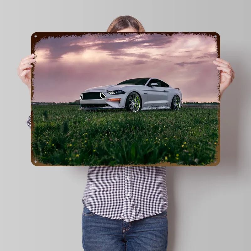 White Sports Mustang in a Field Metal Poster Customized Wall Art Retro Vintage Metal Signs for Man Cave Decoration Bedroom House