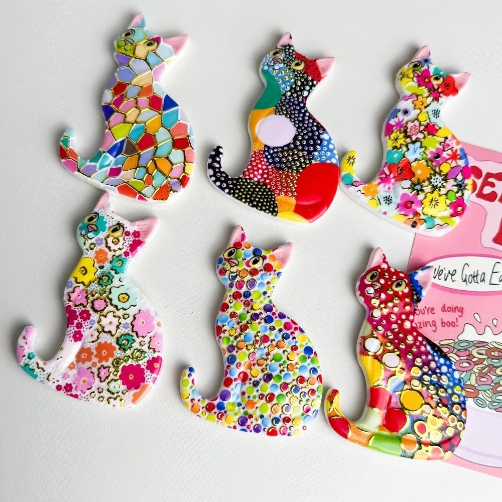 Cartoon Colorful Cat Refrigerator Sticker Gold Embossing Painted Mosaic Hot Stamping Sticker Cute Handmade Craft Fridge Magnets