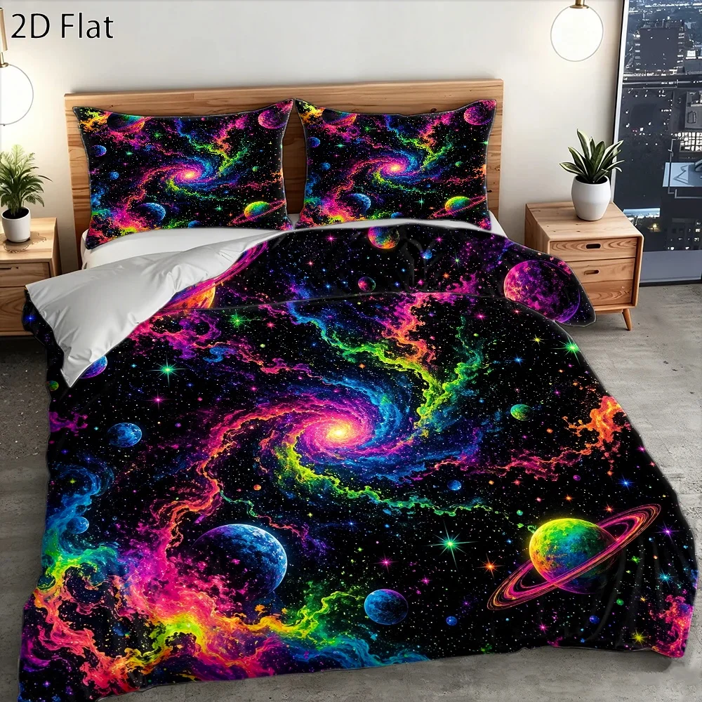 3Pc Colorful Universe Starry Sky Duvet Cover Set, Three-Piece Bedding Set (1*Duvet Cover + 2*Pillowcases), Suitable for All Seasons, Machine Washable, Invisible Zipper Design, Large Duvet Cover for Double Bed, Suitable for Home, Dormitory, Master Bedroom, Guest Room, Dreamy Galaxy Pattern Bedding Set, Stylish and Unique Bedroom Bedding, Popular Three-Piece Bedding Set, Comfortable and Skin-Friendly Bedding, Trendy Starry Sky Theme Duvet Cover Set, Three-Piece Bedding Set Suitable for Multiple Settings