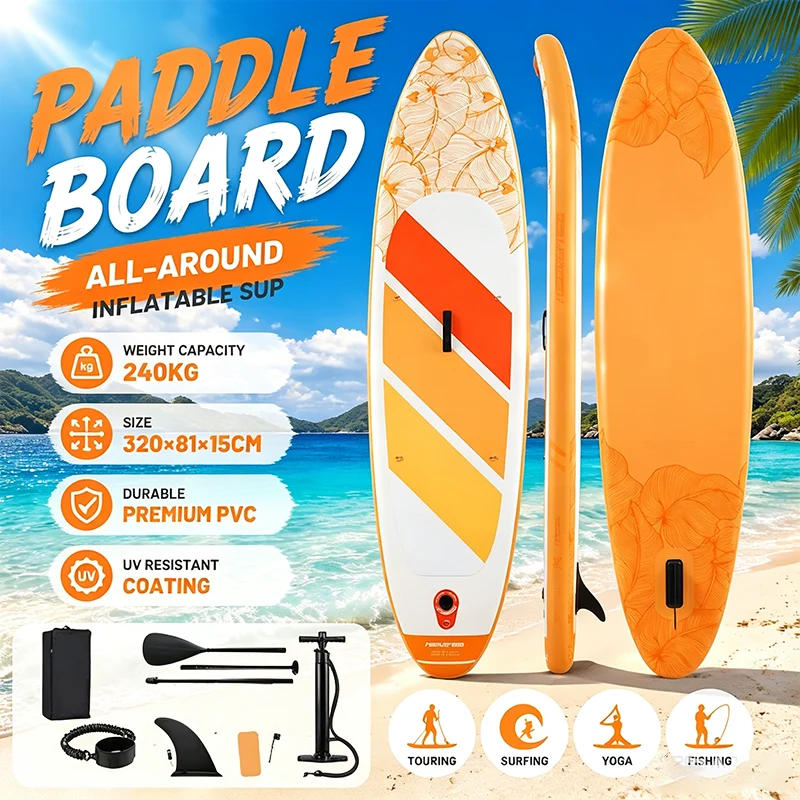Planche de SUP gonflable 320*81*15cm, antidérapante et très stable, livrée avec tous les accessoires, planche de paddle pratique pour adultes et jeunes de tous niveaux.