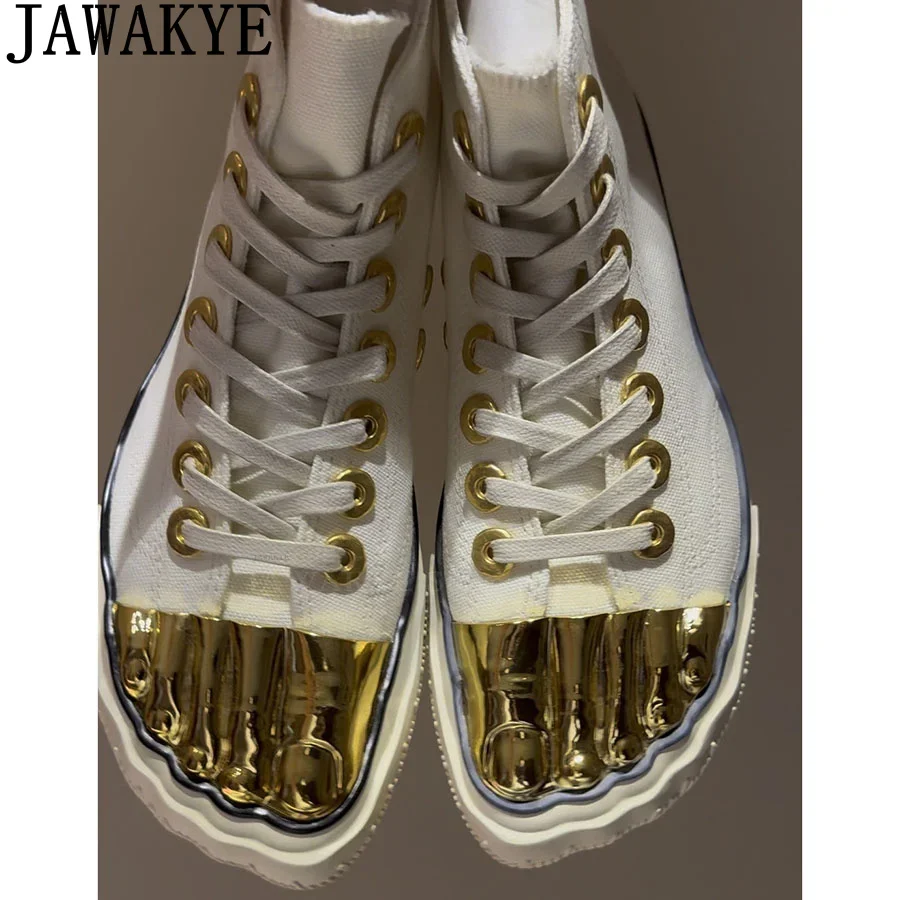 New 2024 High Top White Canvas Shoes Lace Up Flat Sneakers Women Split Gold Toe Trendy Leisure Trainer Walk Shoes