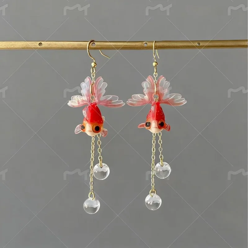 Goldfish and Bubble Dangle Earrings - Red goldfish earrings - Unique Dangle