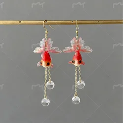 Goldfish and Bubble Dangle Earrings - Red goldfish earrings - Unique Dangle