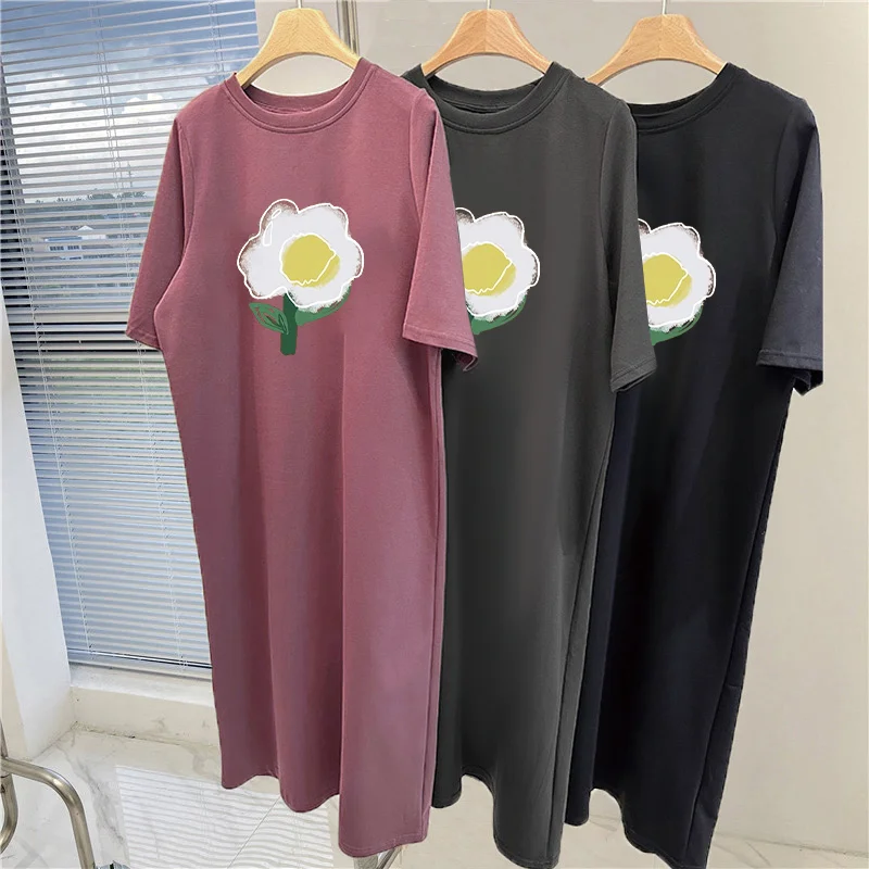 Korean Style Women Long T-Shirt Dress White Daisy Flower Print Short Sleeve Round Neck Loose Gray Maxi Dress Casual Daily Outfit view 6