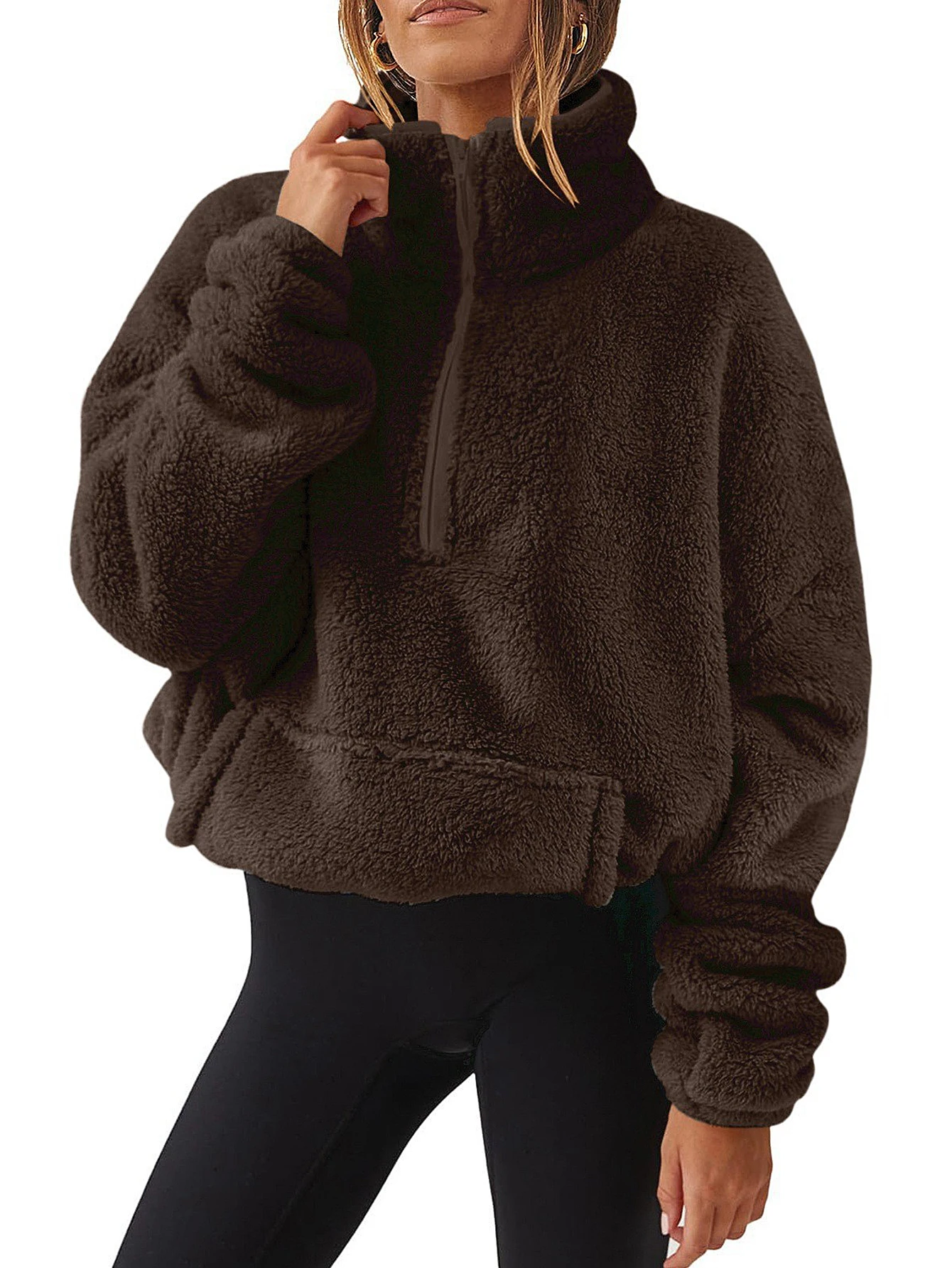 Women's Autumn Winter Hoodie Simple Chic Zipper Kangaroo Pocket Long Sleeve Stand Collar Casual Pullover for Fashionable Women