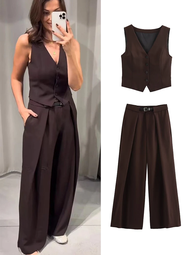 TRAF Fashion Autumn Women Vest Suit 2024 Side Slit Single Breasted Vest+High Waist Pockets Sashes Wide Leg Pants Sets Outfits