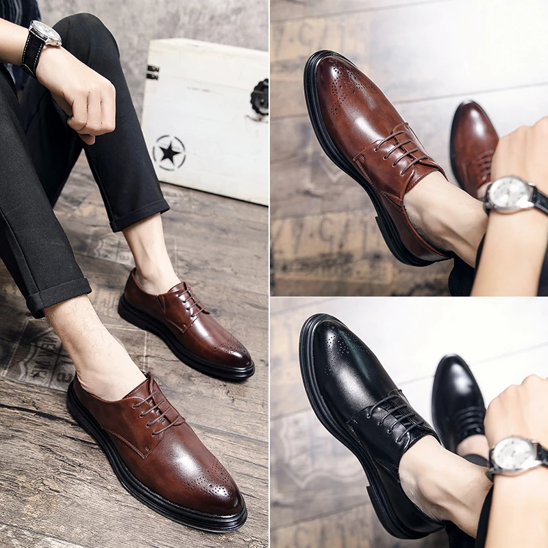 European Classic Block Shoes Black Brown PU Fashion Versatile Formal Shoes Elegant Carved Social Shoes Size 38-46 Men Shoes