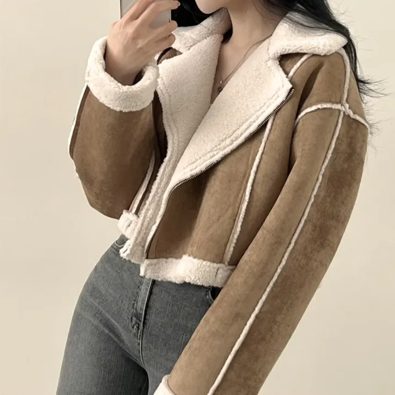 AI.Fashion Streetwear Lapel Jackets Women Patchwork Lamb Wool Coats Women Elegant Zipper Warm Short Jackets Female Ladies