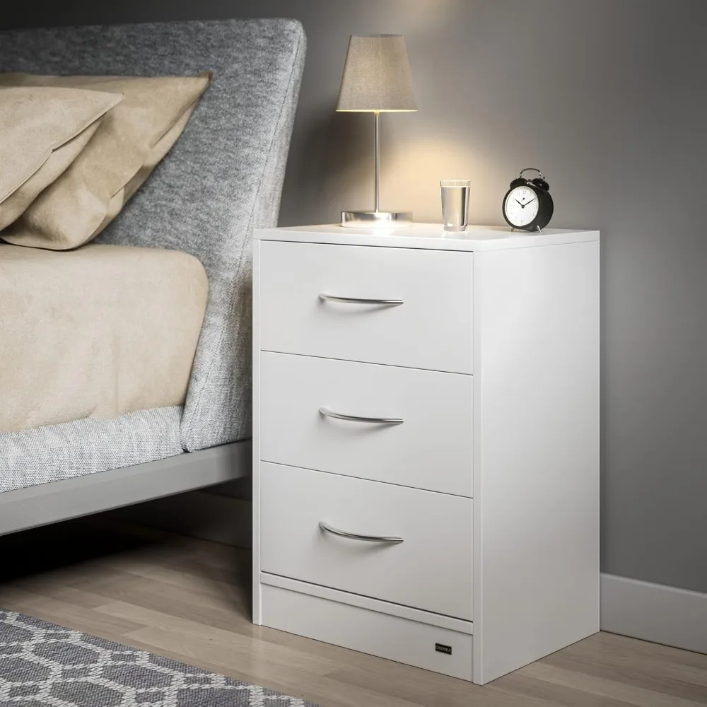 2 mesitas de noche, 3 cajones, mesa auxiliar con almacenamiento de luz LED, 54 x 39 x 28 cm, color blanco, mesitas de noche