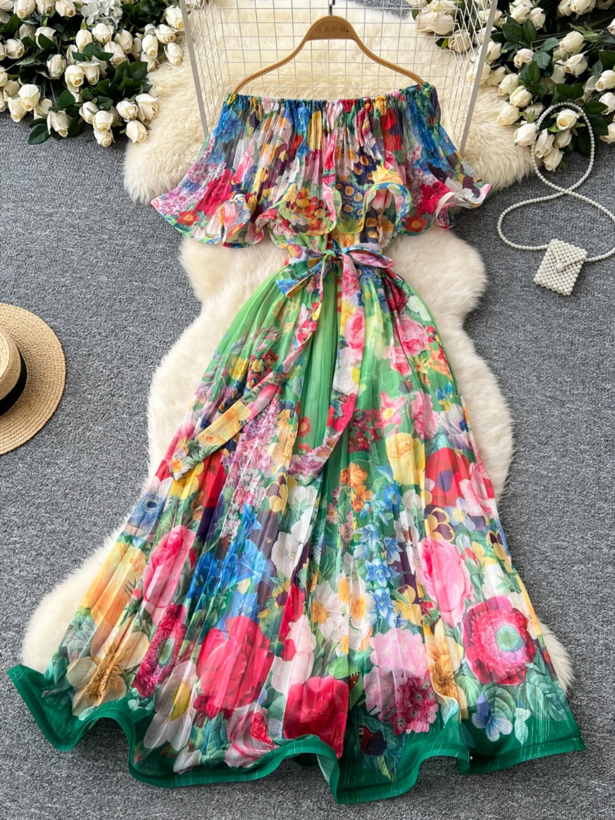 Holiday Style One Shoulder Pleated Bright Thread Printed Women's Long Skirt Spring High Waist A-Line Midi Dress Korean Version
