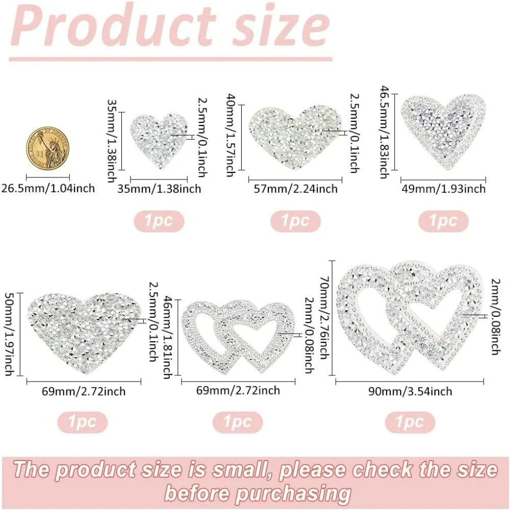 6Pcs Heart Shape Rhinestone Patches Silver Heart Rhinestone Appliques Shinny Heart Shape Crystals Appliques with Container