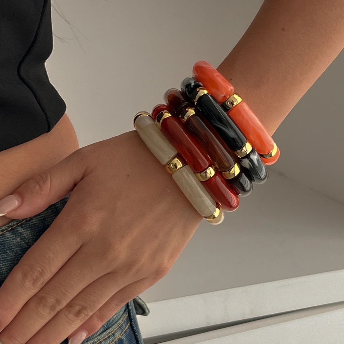 PuRui 3 Teile/satz Bohomia Bunte Bambus Rohr Stapelbare Kunststoff Perlen Armband für Frauen Vintage Elastische Armreif Paar Schmuck – Detail 6