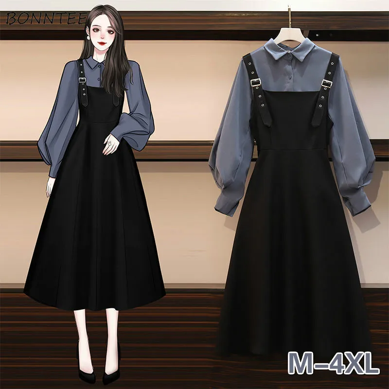 Dress Sets Women Chic Fashion Elegant Office Lady Outfits 2 Piece Korean Fall Basic Simple Female Shirts Vestido Mujer Aesthetic