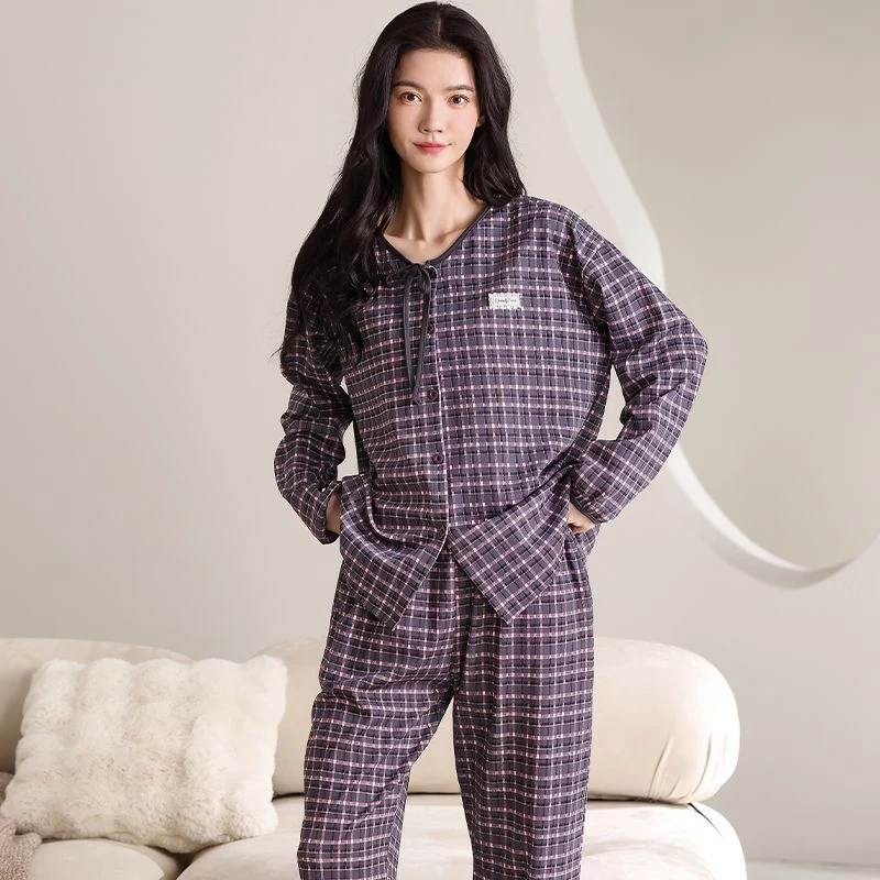 

2026 Spring Autumn Plus Size Long Sleeve Casual Plaid 100% Cotton Pajama Sets for Women Sleepwear Homewear Pijama Mujer Clothes