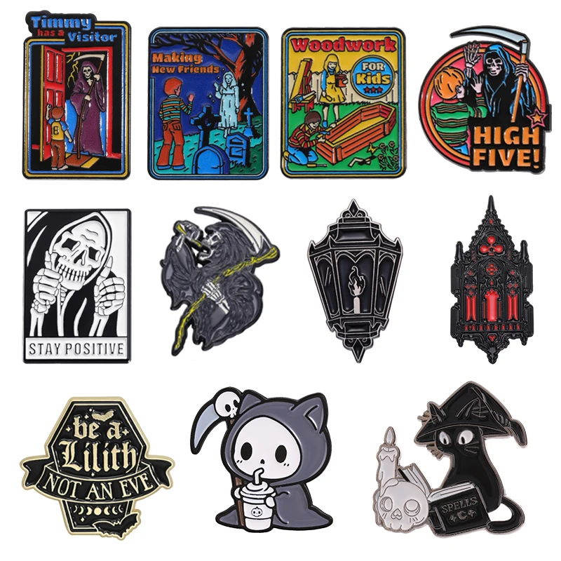 Stay Positive Halloween Enamel Pins Gothic Punk Skeleton Grim Reaper Death Metal Brooches Lapel Badge Jewelry Gifts For Friends