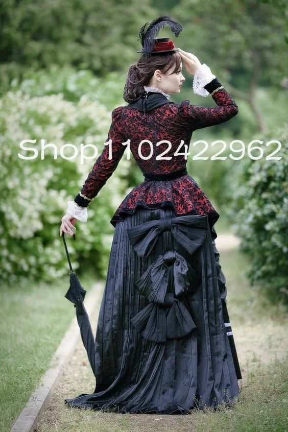 Black Red Gypsy Steampunk Prom Party Dresses with Long Sleeve Ruched Ruffles Skirt Cosplay Goth Bustle Evening Gown