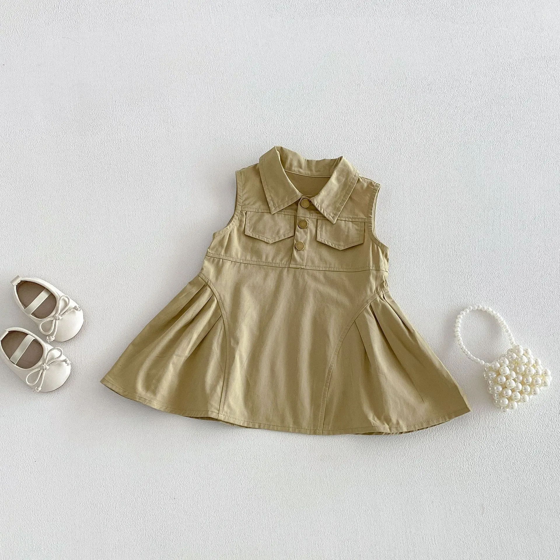 

2026 Summer New Girls Sleeveless Dress Fashion Toddler Lapel Cargo Dress Baby Girl Solid Vest Dress Cotton Kids Clothes