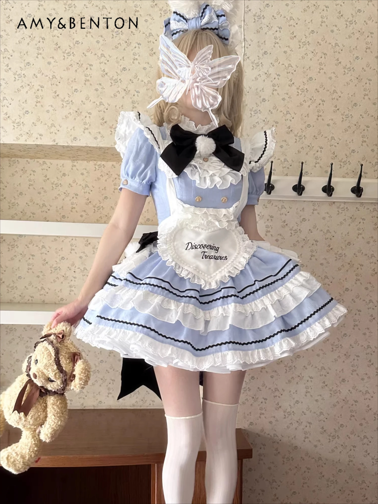 

Original Japanese Kawaii Maid Outfit Sweet Girl Bow Short Sleeve Slim Puff Dress Apron Two-Piece Sets Lolita Style Cosplay Set
