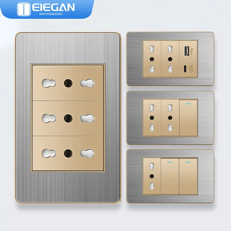 ELEGAN Gold Stainless Panel Italy Standard Type-C EU Outlet Plug Wall Socket Light Switch EU 1/2/3/4/5/6Gang Switch Home Decor