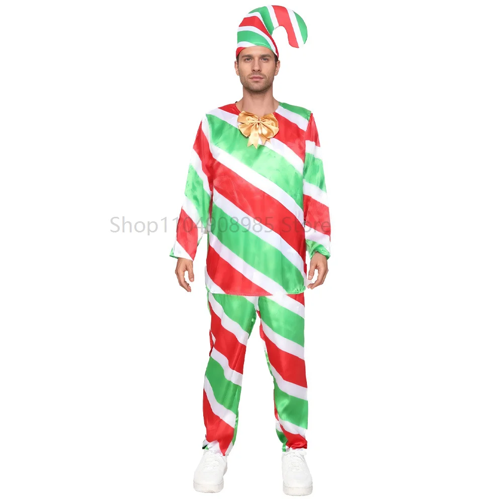 

2025 New Arrival Adult New Year Holiday Dress Up Red Green Striped Candy Cane Costume Set for Men Women Christmas Party Outfit