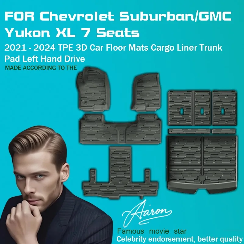 For Chevrolet Suburban / GMC Yukon XL 2021-2024 7-Seater TPE 3D Floor Mats Full Set Waterproof Floor Liners With Cargo Trunk Mat