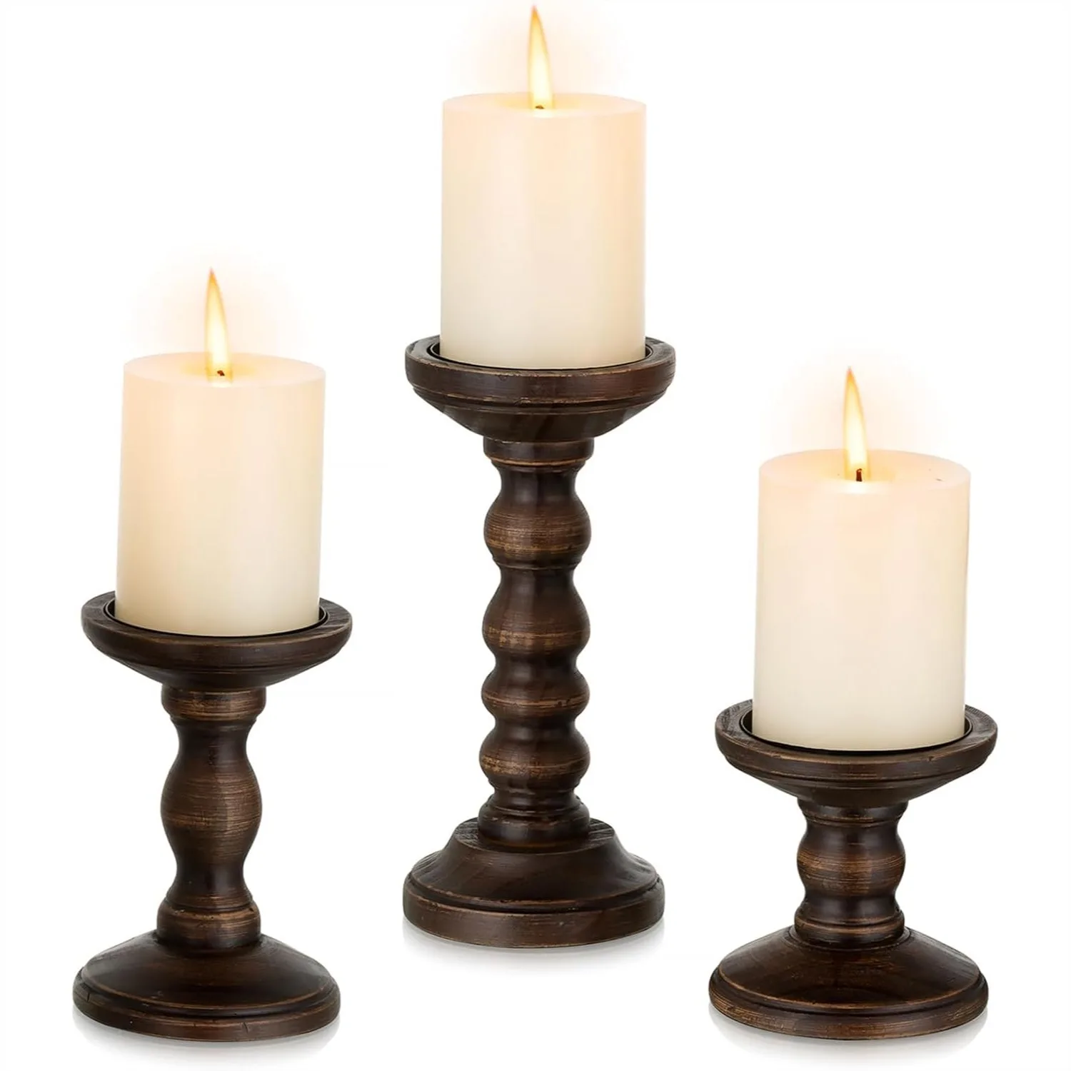 

Wood Candle Holders for Pillar - Set of 3 Tall Rustic Vintage Candlestick Holder, Farmhouse Candle Stand for Fireplace Mantle