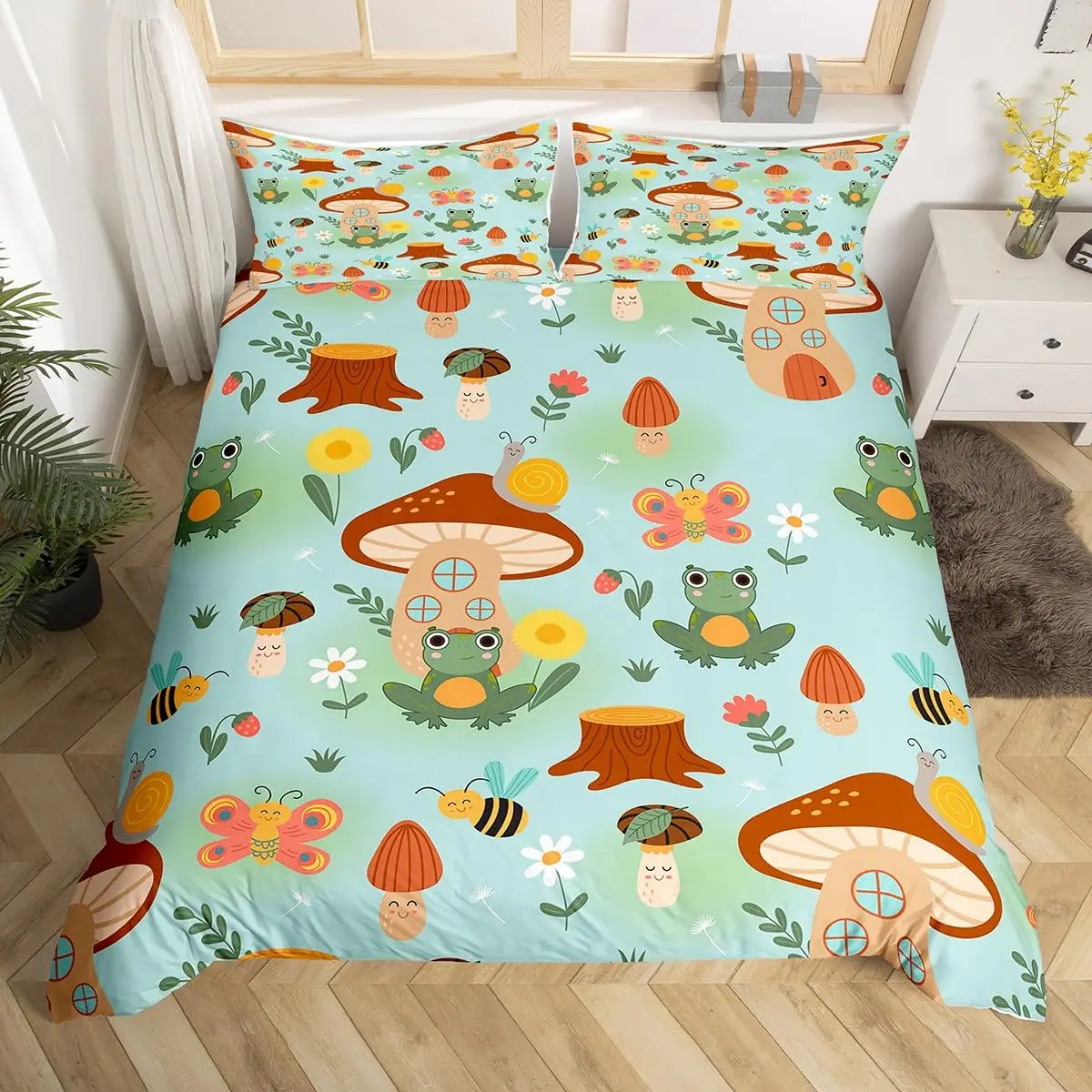 Cartoon Mushroom Frog Duvet Cover Twin Size,Cute Kawaii Green Animal Comforter Cover Maple Leaves Hazelnut Plant Quilt Cover