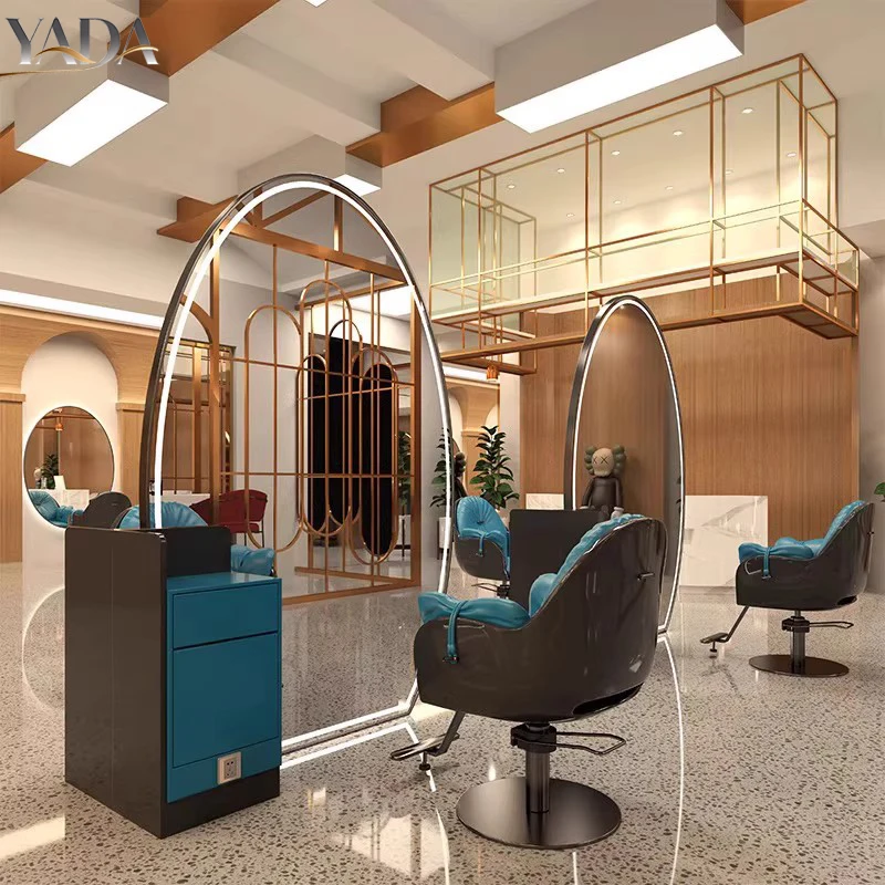 Promotion Salon Sets Round Hairdressing Makeup LED Glass Double Side Beauty Mirror Salon Tool Cabinet With Charging Port