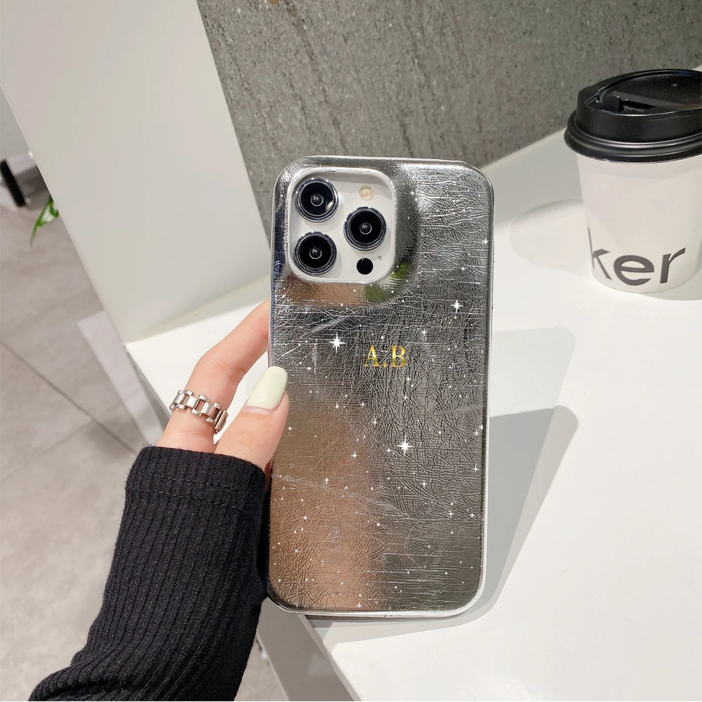 Srebrne skórzane etui na telefon iPhone 16 15 14 Plus 13 12 11 Pro Max, luksusowe, personalizowane z literami, futerał DIY z imieniem, obudowa. — zdjęcie produktu 3