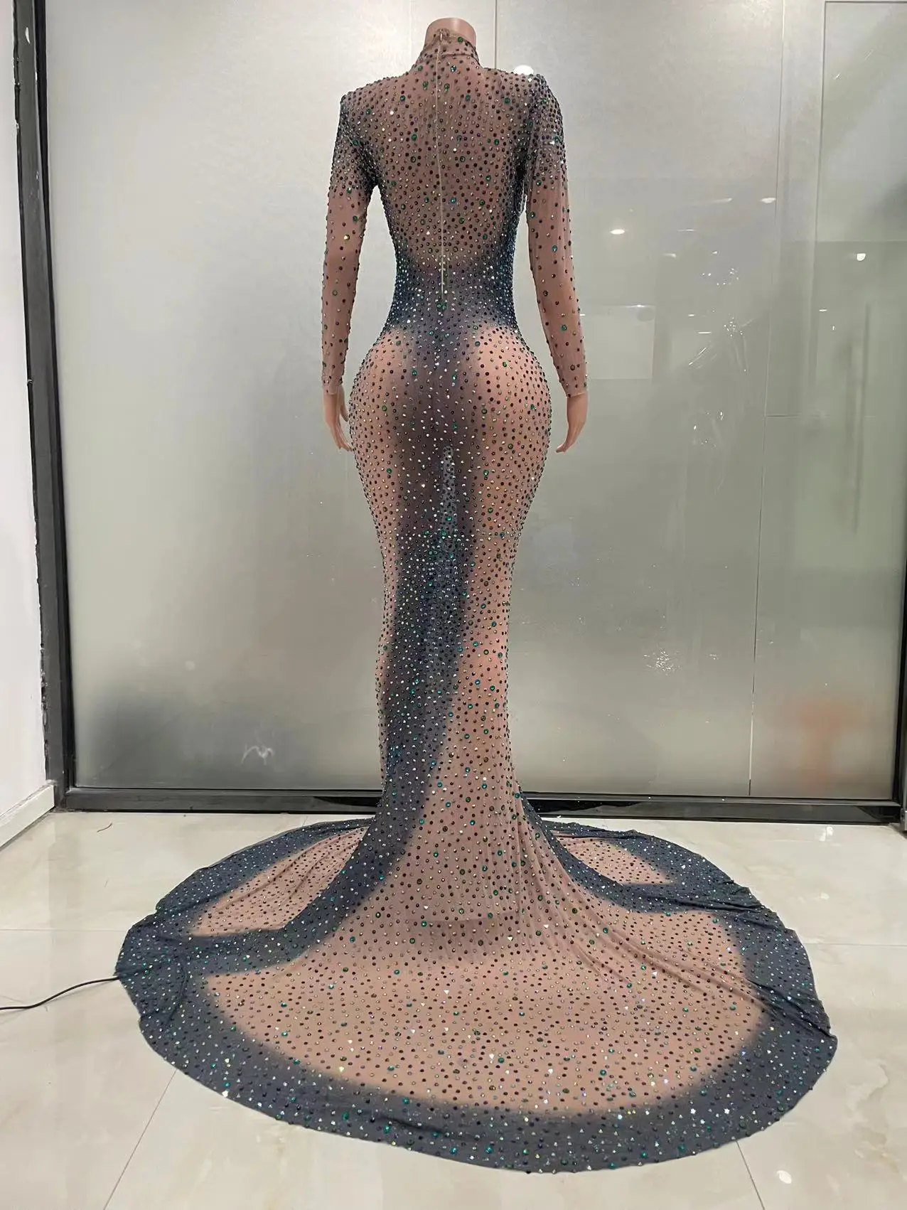 STOCK Luxury Elegance Sparkly Rhinestone Stretch Maxi Long Dress Women Sexy Evening Party Dresses Nightclub Perform  Stage Wear