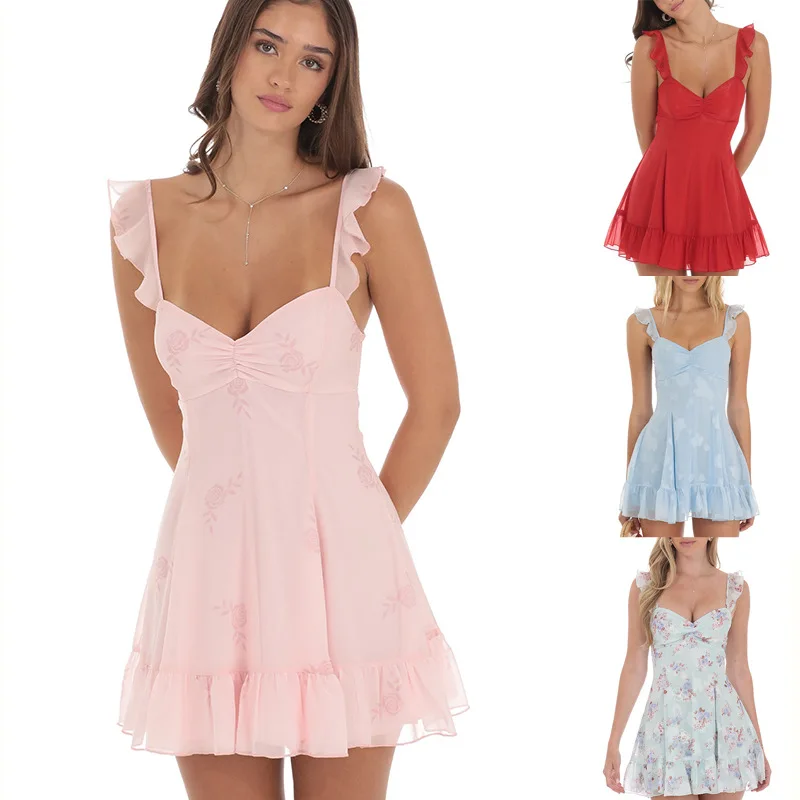 

Summer 2026 New Chiffon Printing Slim Fit Deep V Lotus Edge Dress Commuter