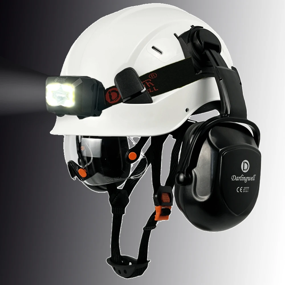 CE خوذة سلامة البناء مع البناء في قناع و Earmuff Led ضوء لمهندس قبعة صلبة ANSI حماية رأس العمل