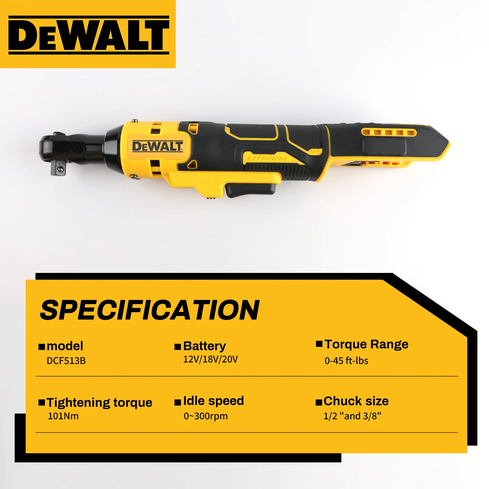 

DEWALT DCF513B 20V Brushless Ratchet Wrench 101Nm Torque 0-300rpm Multi-Chuck Design for Automotive Construction & Home Repair