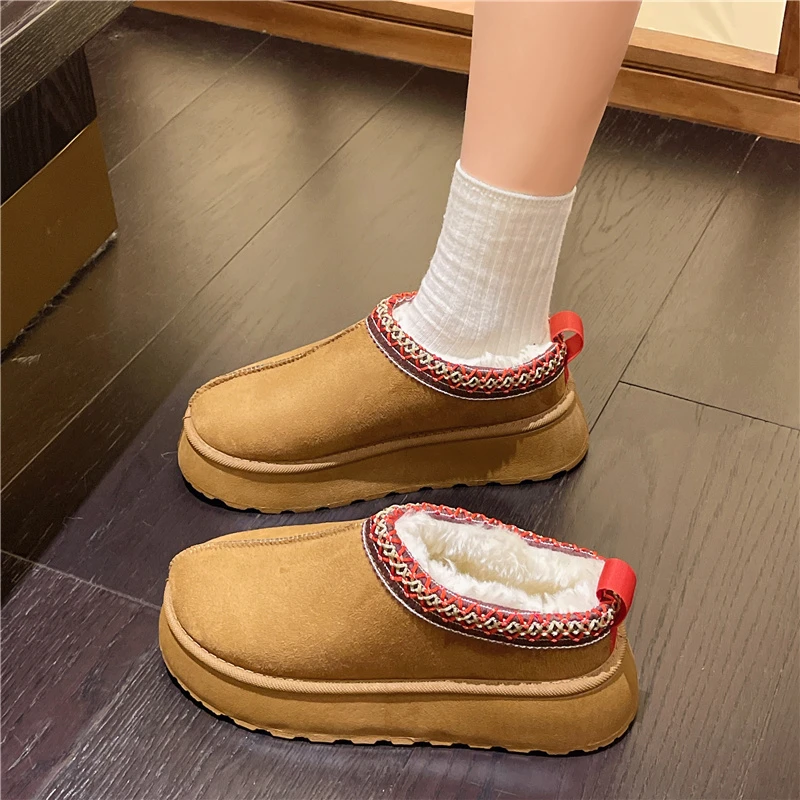 

New Winter Women Snow Boots Cashmere Velvet Warm Thick Sole Without Heel-covered Hair Half Slipper Cotton Shoes Women Flat Boots