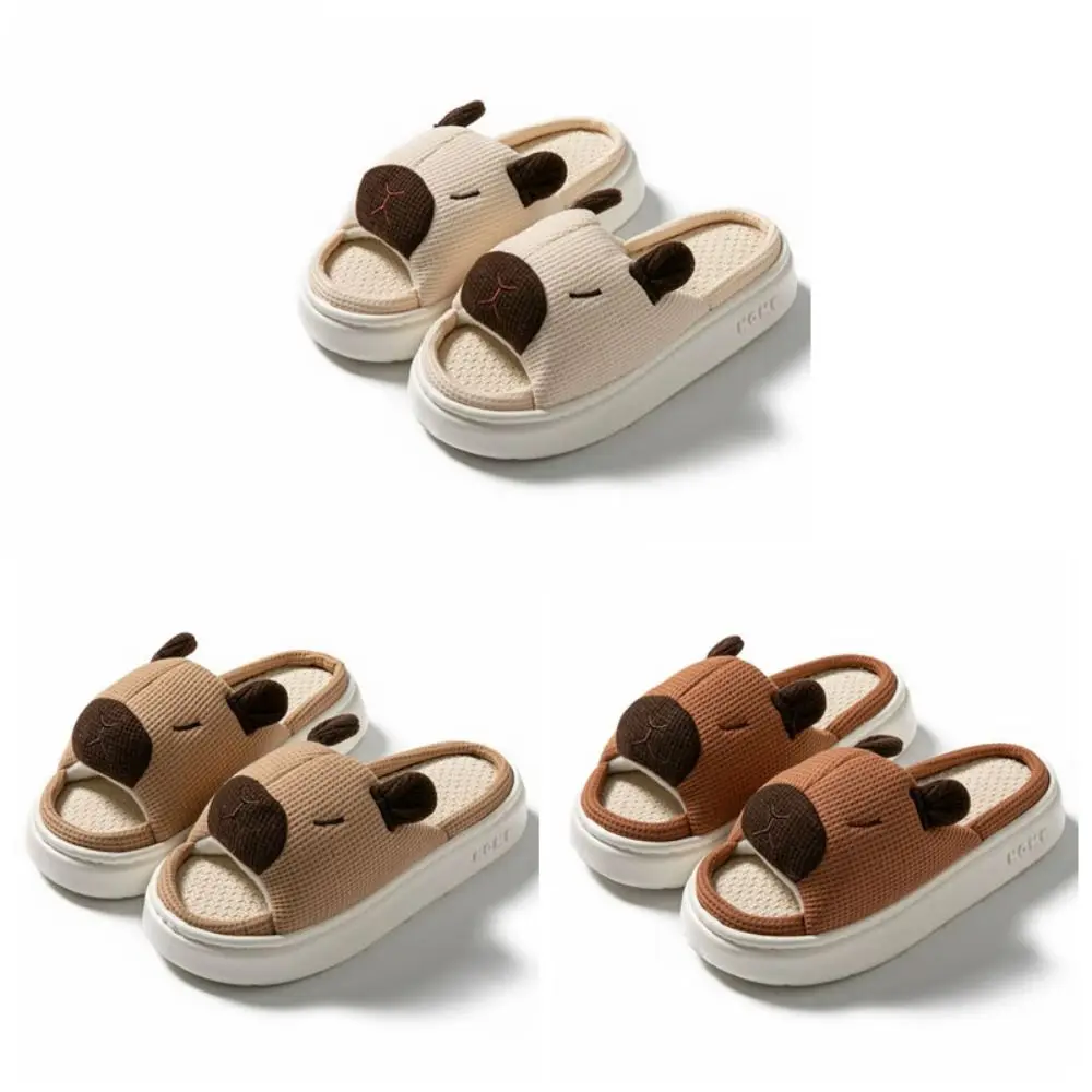 Sandal Anti-Selip Motif Kapibara Kartun, Sandal Kapibara Sol Tebal Bahan Linen, Sepatu Rumah, Sandal Linen Hewan Lucu