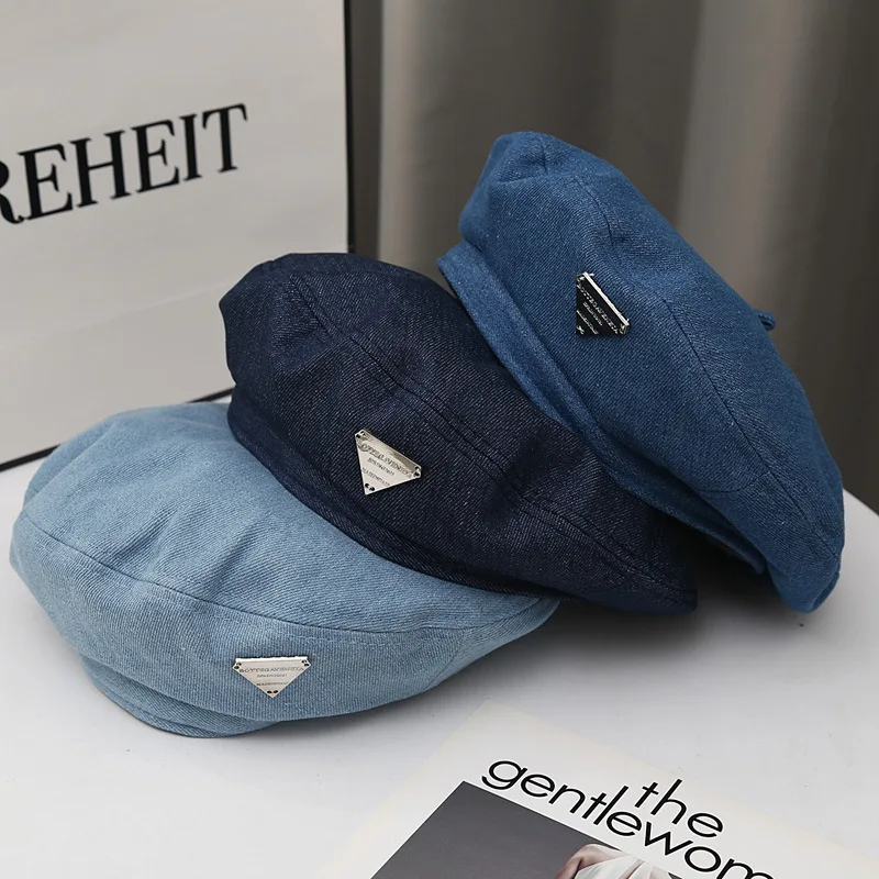 Korean Denim Berets Hat Retro Casual Spring and Autumn Painter Octagonal Cap Fashion Female Women Outdoor Leisure Visor Caps