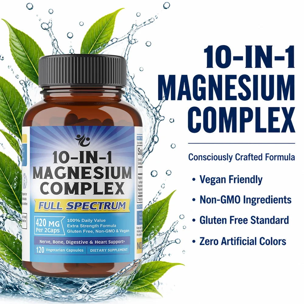 10-in-1 Magnesium Complex Capsules, Support Brain, Bone & Heart Health, Improve Sleep Quality and Relieve Daily Stress