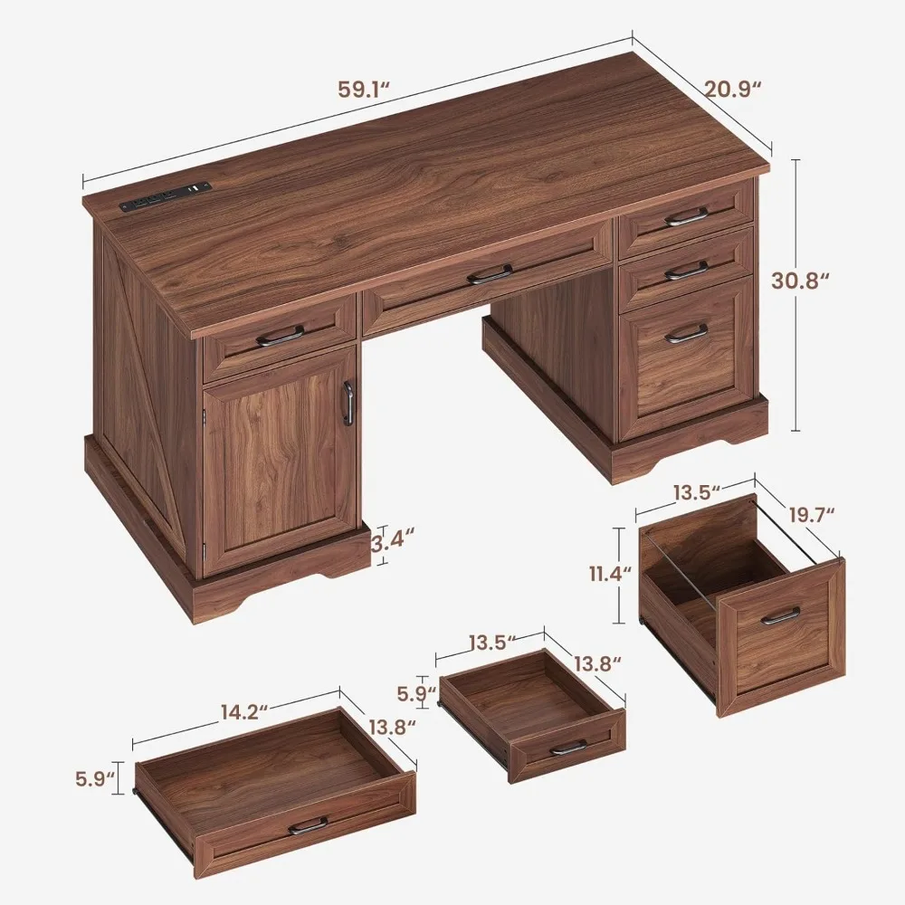 

59 inch wooden farmhouse office desk with drawers, administrative computer desk, filing cabinet, and charging station