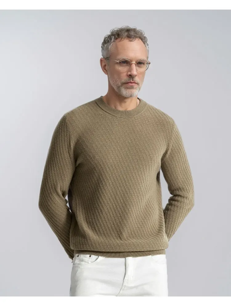 

Autumn and winter new men's round neck solid jacquard 100% cashmere pullover cashmere sweater