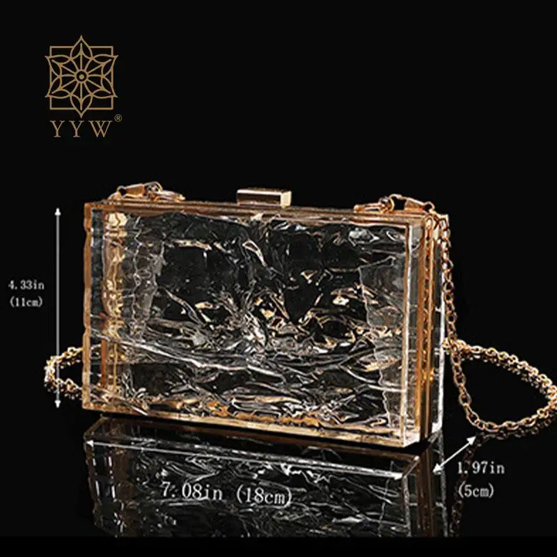 Fashion Ice Crackle Transparent Acrylic Clutch Handbags Women Evening Party Square Hard Purse with Chain Top Handle Shoulder Bag