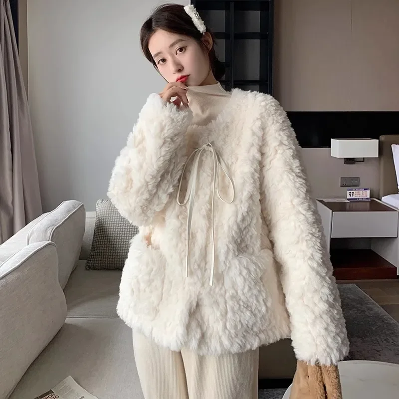 American New Small fragrante imitazione cappotto di lana di agnello femminile Retro Lazy Wind Casual allentato Mao Mao cappotto giacca imbottita in cotone