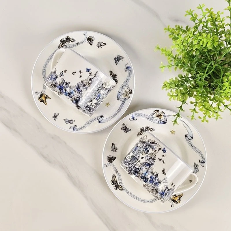 High-End French Bone China Coffee Cups And Saucers With Blue Floral Butterfly Patterns For Home And Office Use